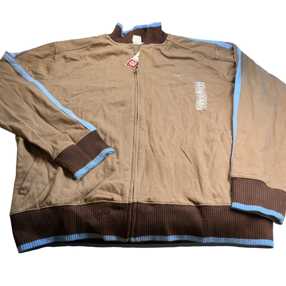 OP Ocean Pacific Track Jacket Y2K Tan Brown Blue Stripe Fleece XXL New With Tags